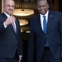 Secretary of Defense Lloyd Austin and Iraq's Minister of Defense Thabit Muhammad Al-Abbas exchange pleasantries during a brief ceremony for Al-Abbas before leaving the Pentagon in Washington, Monday, Aug. 7, 2023. Al-Abbas and Austin had meetings earlier at the Pentagon. AP/PTI (AP)